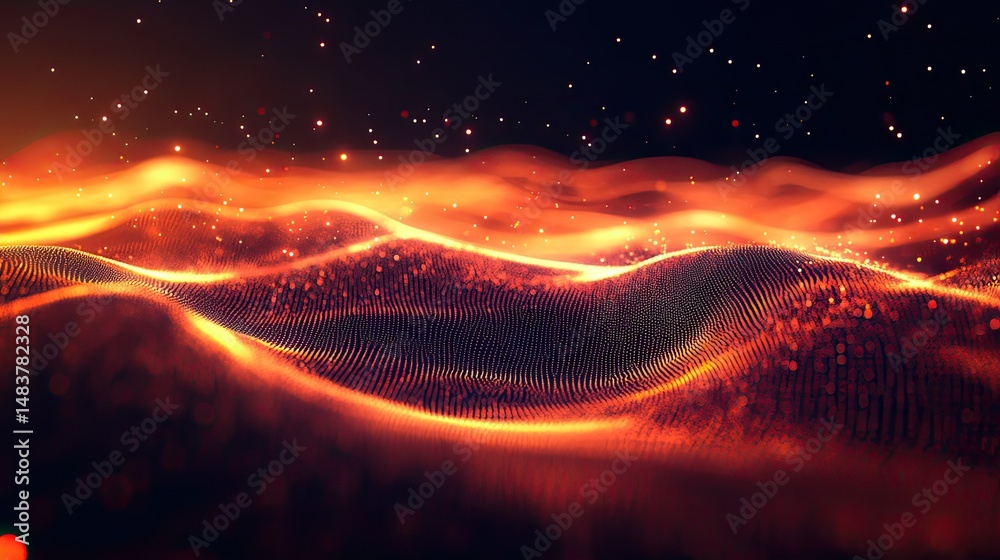 Wall mural abstract orange waves with glowing particles floating above a dark surface and a starry backdrop