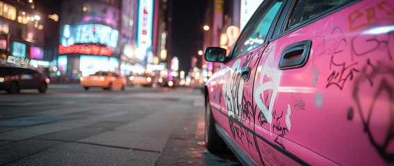 Pink graffiti car on city street at night urban transportation