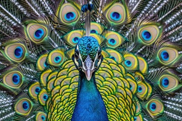 Fototapeta premium Close-up portrait of a male peacock displaying beautiful plumage