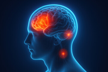 Man's head with red highlighted brain.