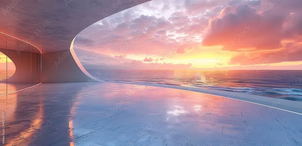 Poster 劇的な夕日の背景を持つ現代建築 海の景色を捉えたミニマルなデザイン 海岸の反射 モダンで未来的なシーン