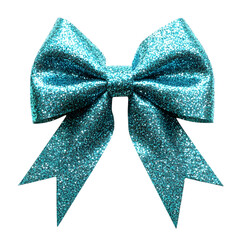 Ultra-realistic photography of a neon teal glitter ribbon tied into a spunky spiked bow, highly reflective, on clean white background.