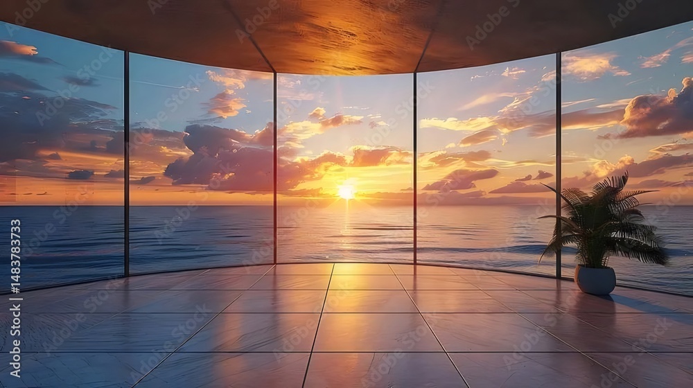 Aufkleber 室内の大きな窓から眺める夕焼けの海の風景 静かな水面と空に広がる夕焼け色の雲が印象的な美しいオーシャンビュー