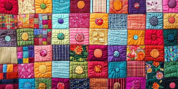 Colorful Patchwork Quilt with Various Patterns and Textures
