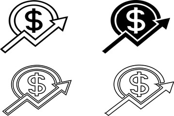 Dollar coin with upward arrow icon set growth, profit, revenue, finance, investment, economy, money rate increase, income rise, flat vector design.