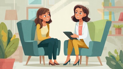 Illustration of therapy session featuring a smiling client and therapist in an office setting promoting well-being and understanding.