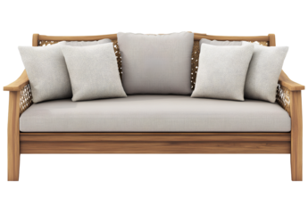  Sofa, light wood frame with rattan weaving and gray cushions on a transparent background