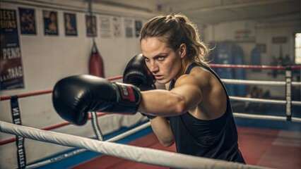 Fototapeta premium Determined Woman Boxer Training with Right Hand Punch 