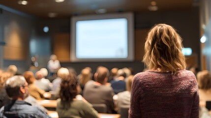 A woman faces a presentation, blurry figures fill an auditorium. A bright screen shines, hinting at knowledge shared in this gathering.