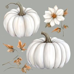 Autumnal White Pumpkins and Flowers