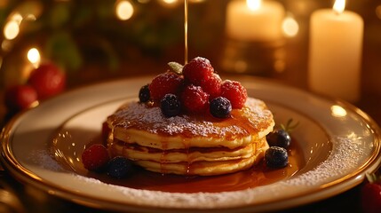 Stack of Pancakes with Berries and Syrup