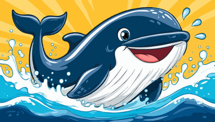 Happy blue whale jumping out of water with sunburst background  