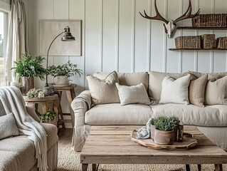 Cozy Living Room with Neutral Tones and Rustic Decor