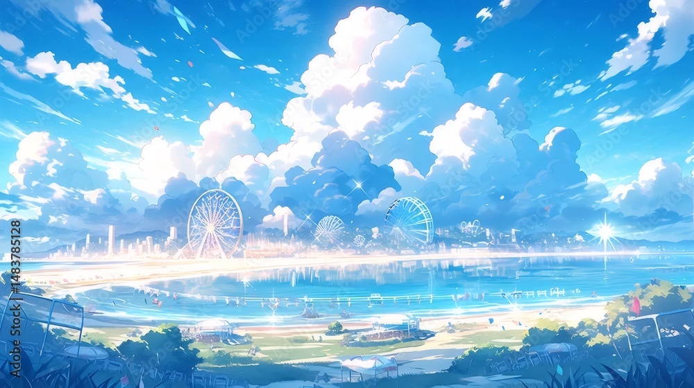 Poster 青い空と雲が反射する海岸線の風景と水面 日本の平和な夏の観光地でのレジャーの眺め