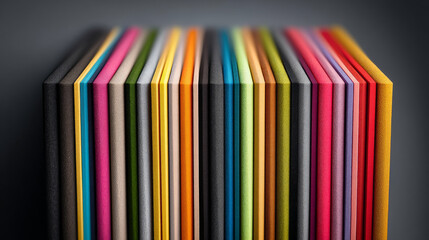 A vibrant collection of colorful paper sheet spines arranged artistically.