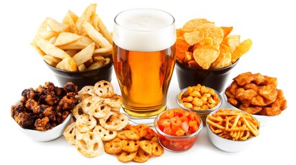 Assorted Snacks and Beer, Crispy Fries, Chips, Pretzels, and More