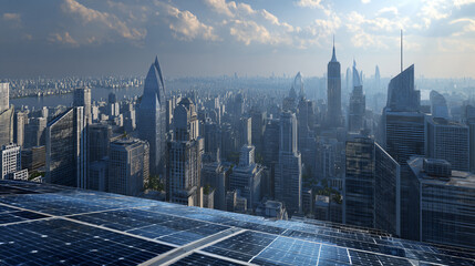 city skyline with solar panels