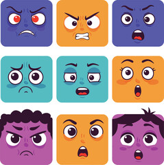 Fototapeta premium Colorful square emoji faces expressing various emotions in vector illustration for digital communication and social media usage 