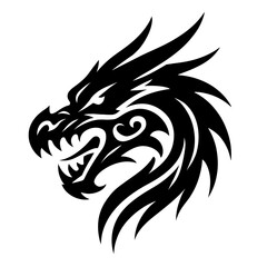 Black Graphic Fierce Tribal Dragon Head. Graphic Element Vector Icon Representing Power, Aggression, or Mythology.