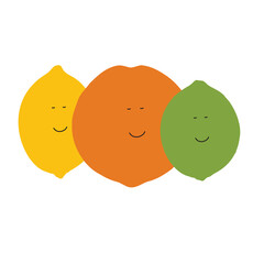 Cute smiling citrus fruits – lemon, orange, lime