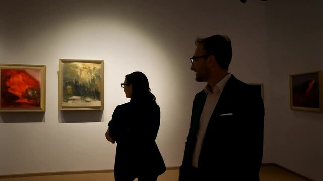 two art enthusiasts admire a painting illuminated by a spotlight in a gallery as camera zooms out, other artwork on walls visible. concept of art and culture