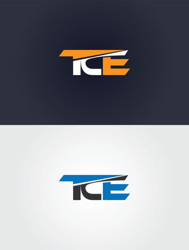 Modern TCE initial letters logo design vector template in blue and orange corporate identity mockup