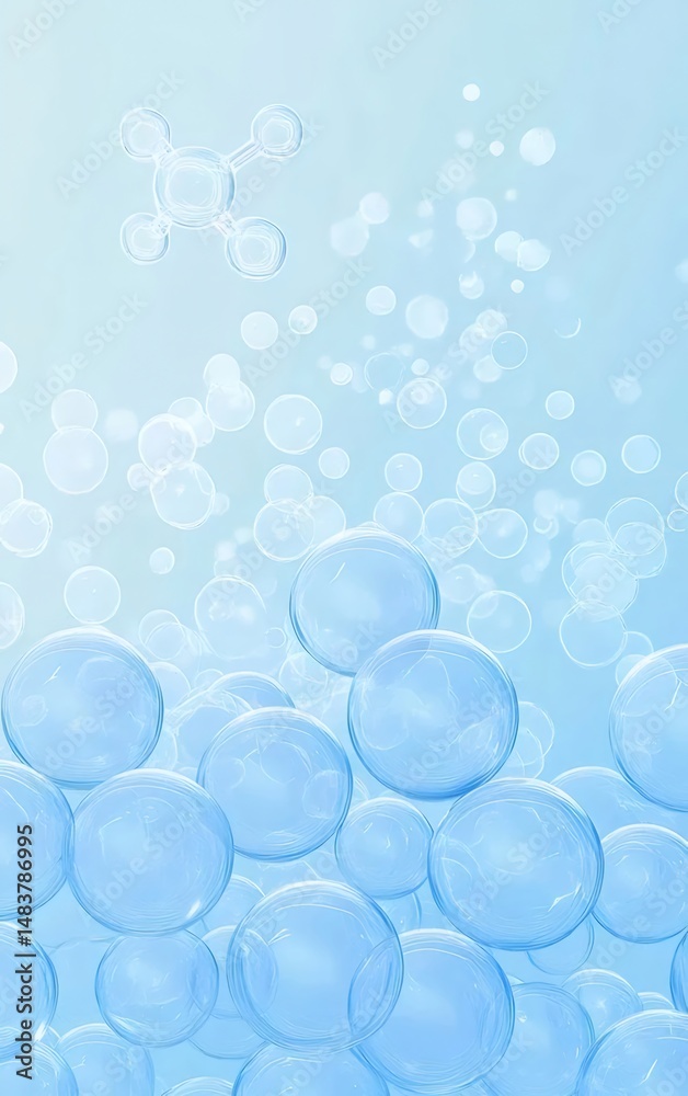 Poster 水色の背景に泡の分子構造の3dレンダリングされた抽象的なイメージ