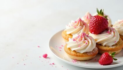 Elegant pastry arrangement, pristine white backdrop, whipped cream, fruit