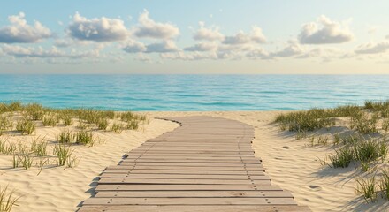 Wooden beach path leading to turquoise ocean