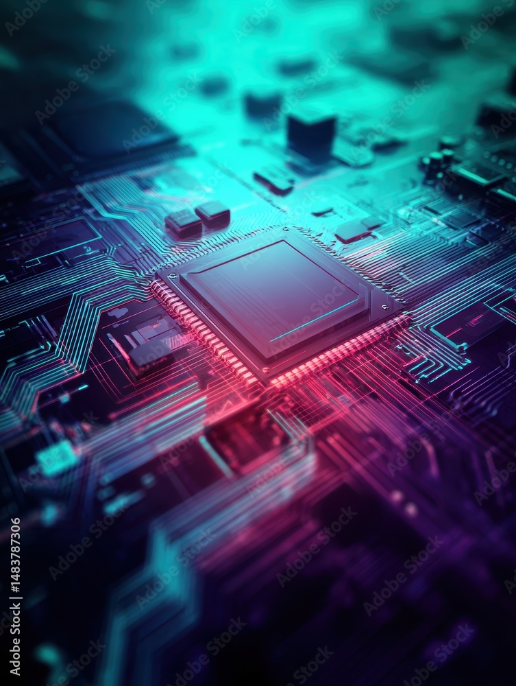 Poster abstract illustration of a microchip and circuit board with neon colors and intricate patterns showc