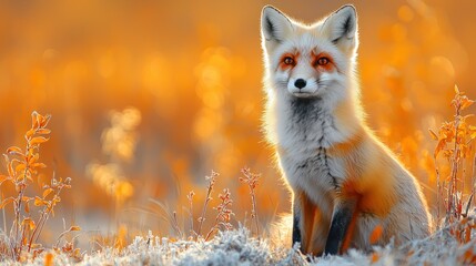 Alert fox rests in a frosted, amber-toned field