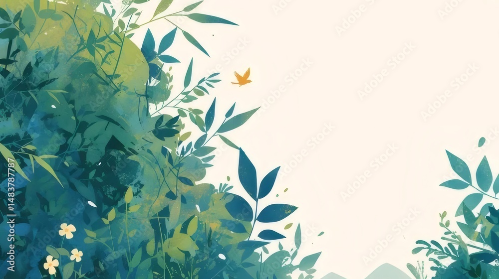 Poster 穏やかな水彩植物の背景イラスト 静かな緑の色合いと抽象的なデザインのテクスチャは自然の美しさを表現
