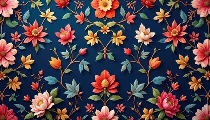 Intricate damask-style floral pattern, rich jewel tones on a deep navy backdrop, luxurious, floral, texture