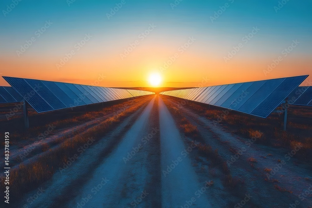 Aufkleber 夕焼け空の下に並ぶソーラーパネルの風景 エネルギー生産の未来を照らす 環境に優しい発電技術の革新