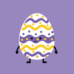 Fototapeta premium Cute Easter egg character with purple and yellow wavy patterns on violet background for spring celebration vector illustration 