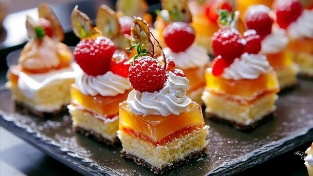 A plate of small cakes with raspberries on top. The cakes are arranged in a row and are decorated with whipped cream. The cakes look delicious and inviting, and the presentation is neat and organized