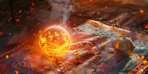 Naklejka premium Glowing Fiery Orb Resting on a Richly Patterned Rug Surrounded by Wisps of Smoke and Sparkles Creating an Enchanting Atmosphere.