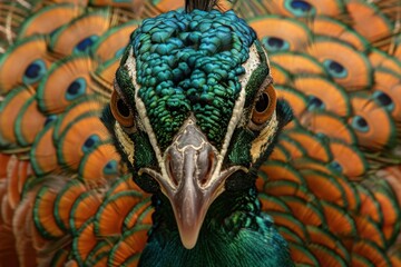 Obraz premium Close-up portrait of a male peacock displaying beautiful plumage