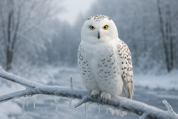 Snowy owl perched gracefully on a branch.