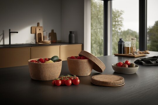 Modern kitchen with rattan storage showcasing fresh vegetables for a tranquil cooking experience