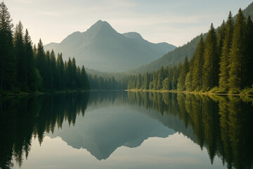 Mountain range reflected in lake.