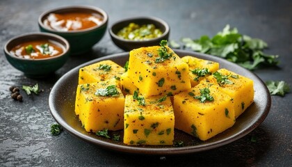 Cubed Yellow Dish with Spices and Herbs Served with Sauces