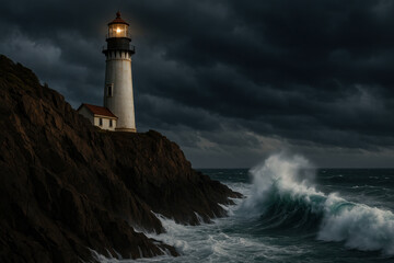 Lighthouse perched on cliff, waves crashing.