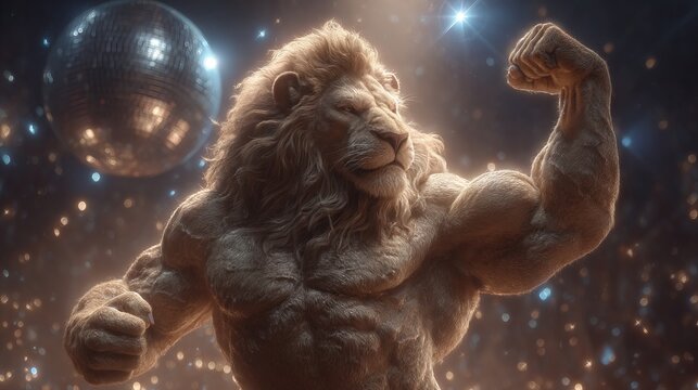 Big muscular lion with a human body. Disco ball in the background.