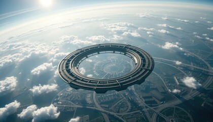 Futuristic orbital station over earth, high-tech habitat concept