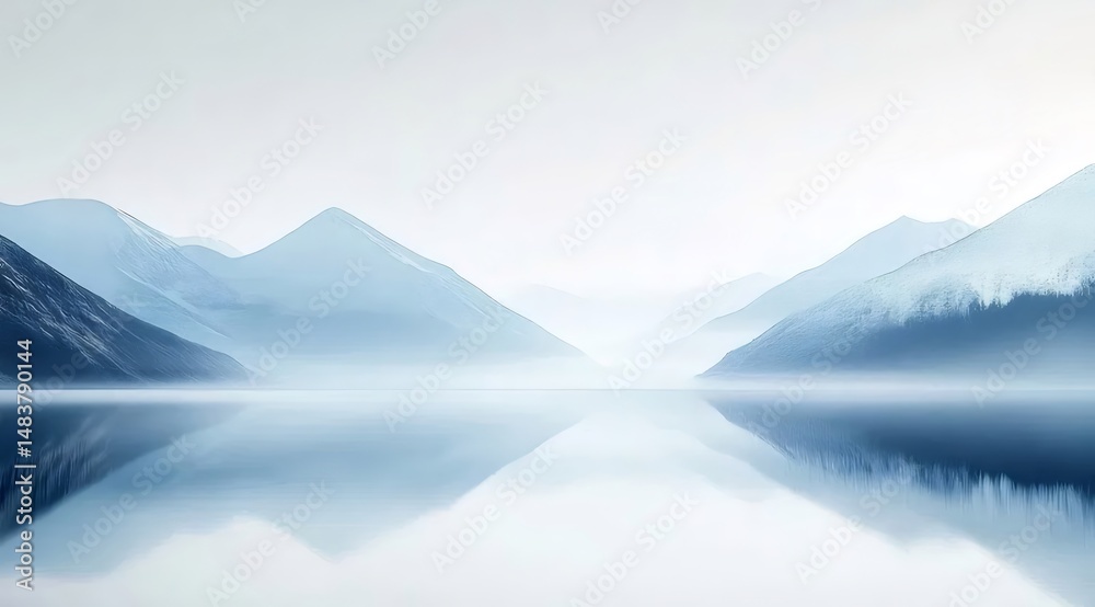 Aufkleber 湖面に映る山々と霧の幻想的な風景 静けさと瞑想を誘う水面のリフレクション