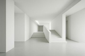 Person walking up white stairs in white room.