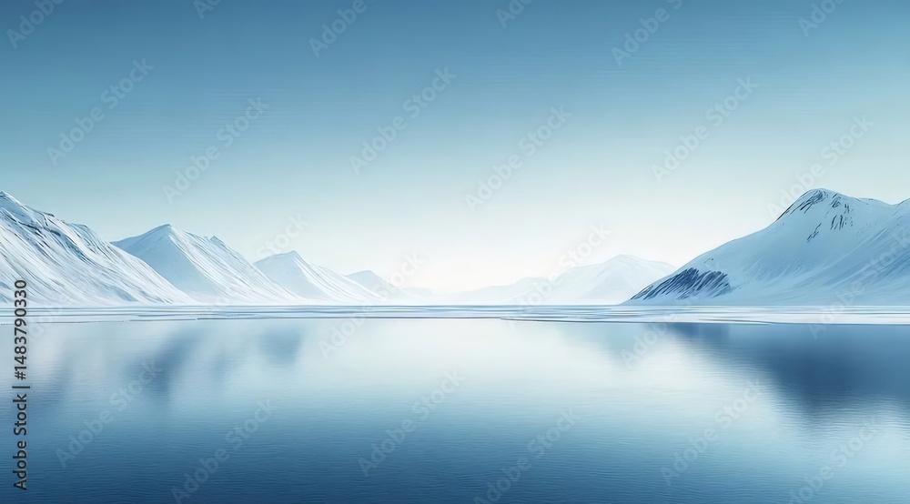 Poster 氷の湖と雪をかぶった山々の穏やかな冬景色 パノラマの冬の風景 白と青の色合いが特徴の静かで寒い山の背景