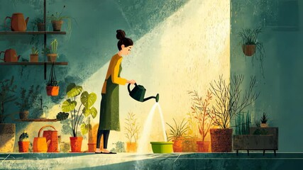 Discover the tranquility of a woman caring for her indoor plants in a warm and inviting room filled with greenery and natural light.