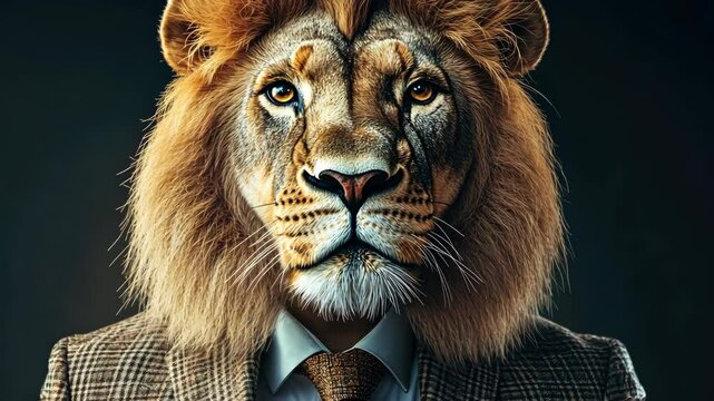 A lion is wearing a suit and tie, giving the impression of a man dressed in a lion's costume